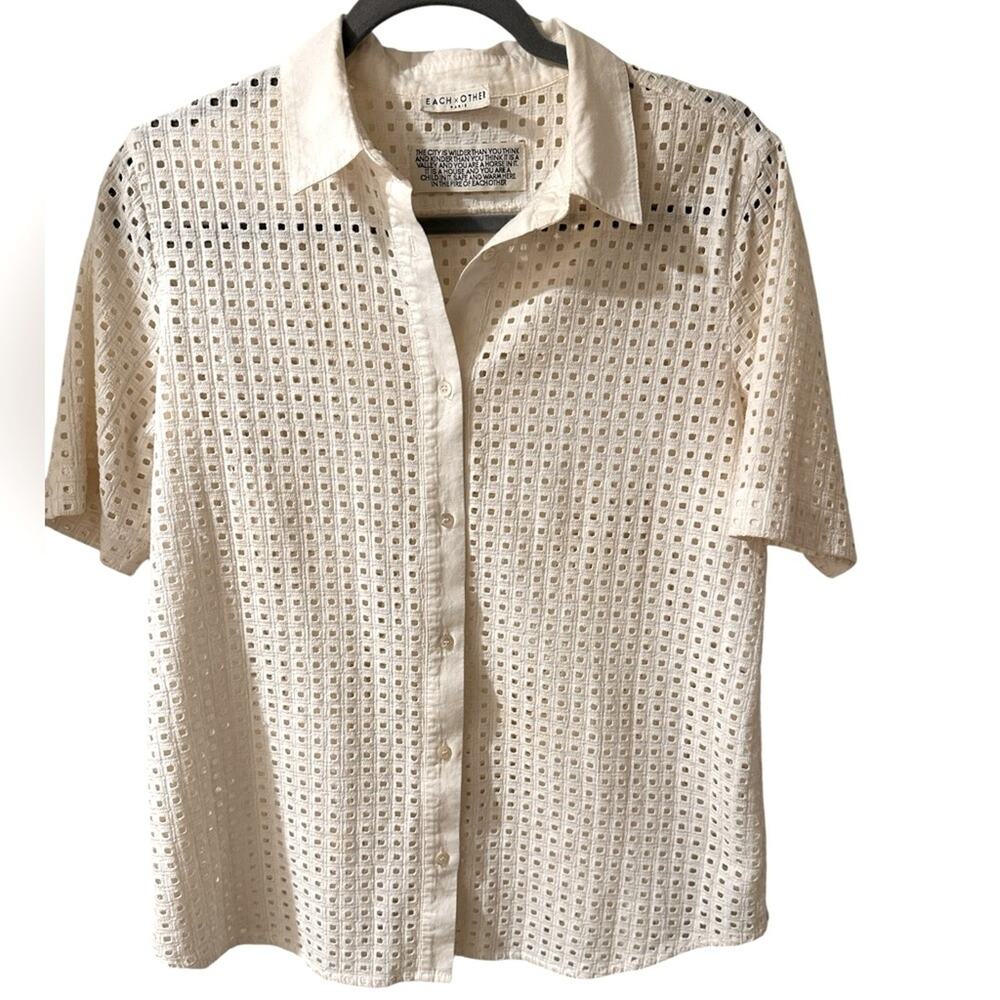 Each x Other Paris Ivory Cream Eyelet Cutout Button Front Top Short Sleeve, M